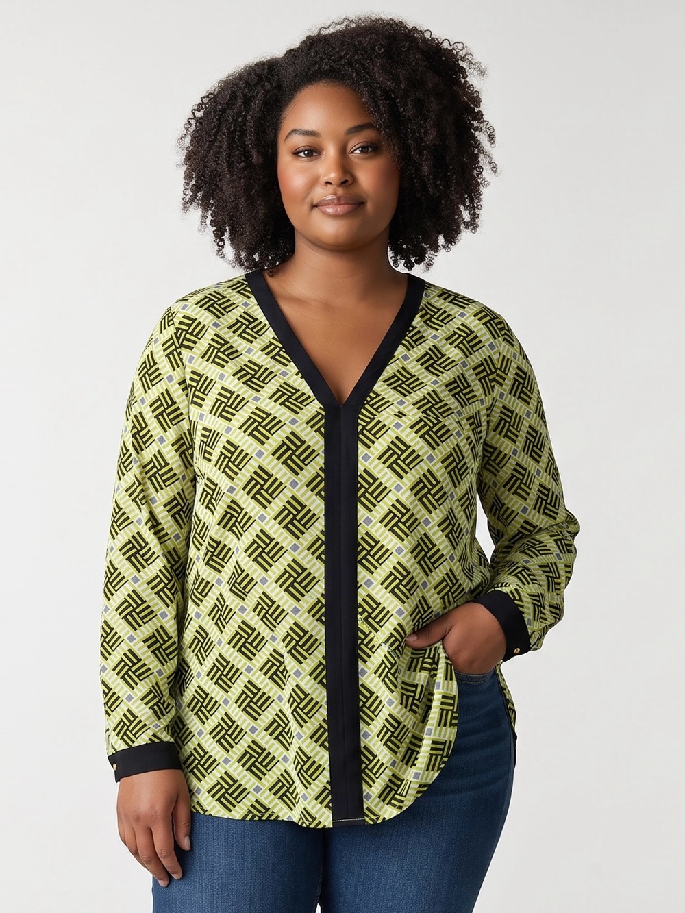 Banana Republic Green Printed V-Neck Blouse With Black Trim Size XL